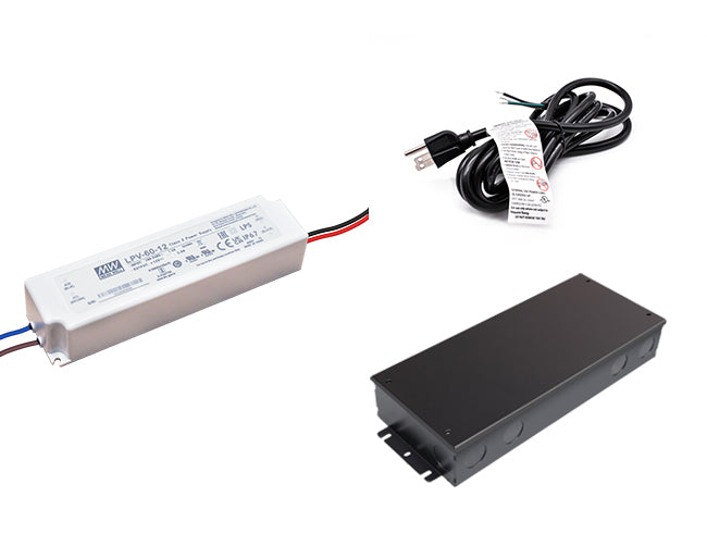 A Mean Well 60W 12VDC LED driver with a black three-prong power cord for 120VAC and a black junction box.