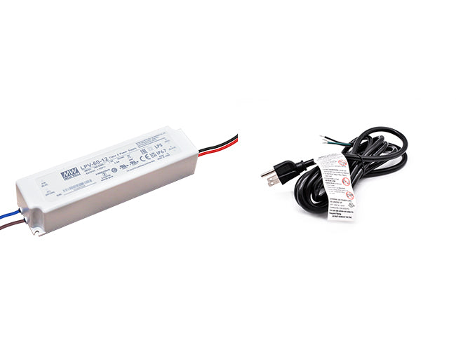 Mean Well 60W 12VDC LED transformer with a three-prong power cord for 120VAC.