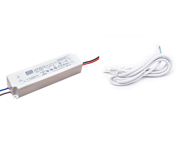 A Mean Well 60W 12VDC LED power supply with a white three-prong power cord for 120 VAC.