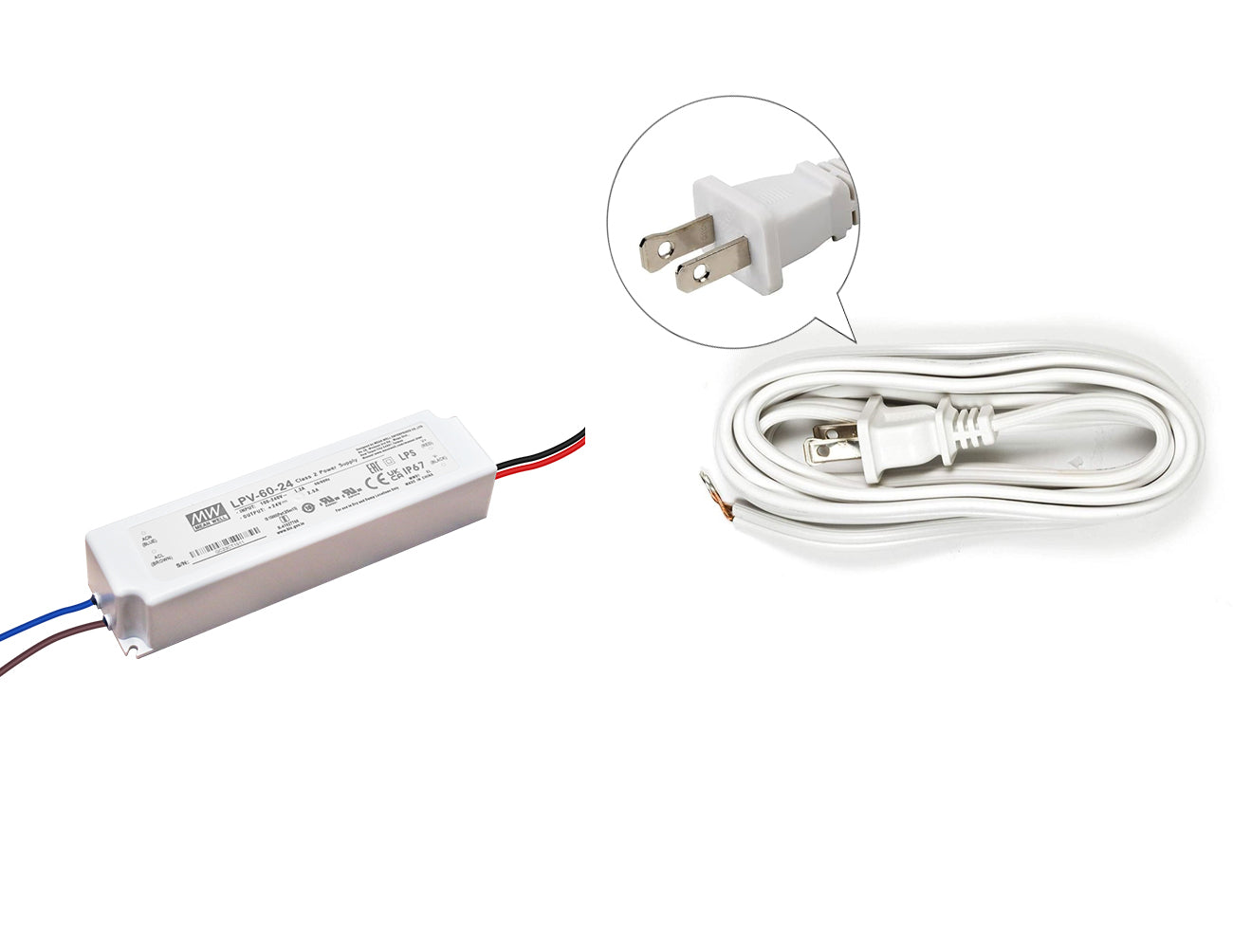 60W-24V low voltage transformer with white two-prong power cord.