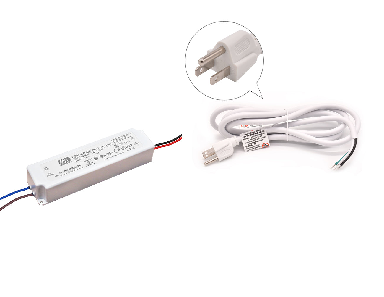 A Mean Well 60W 24VDC LED transformer with a white three-prong power cord for line voltage.
