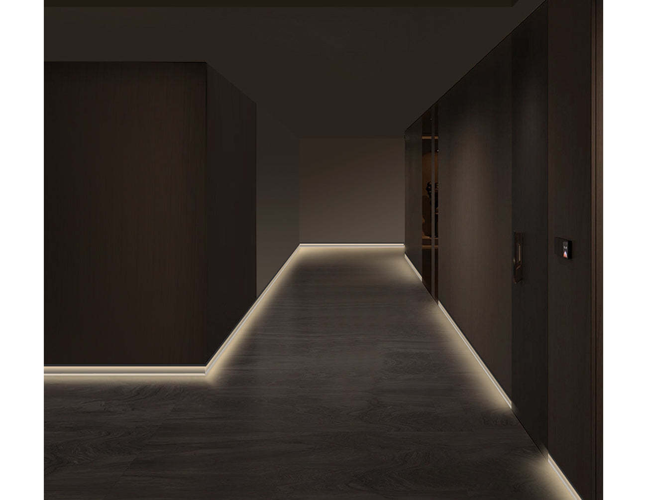 A discreet aluminum channel integrated into wall base for 3/16" LED strips, creating soft, glare-free linear floor lighting.