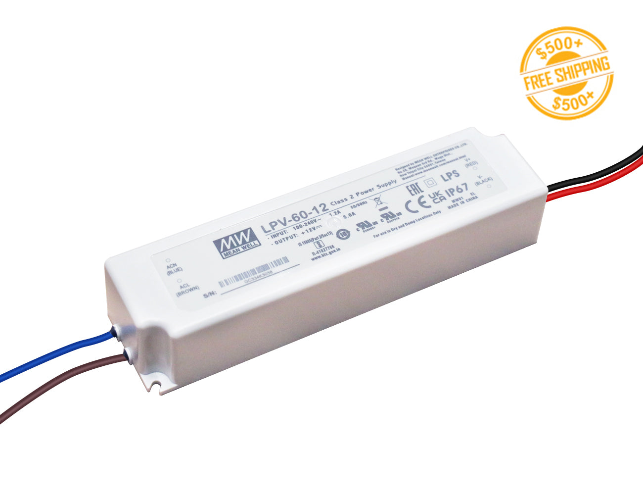 Mean Well 60W 12VDC low voltage transformer for commercial lighting with a label for free shipping on orders over $500.