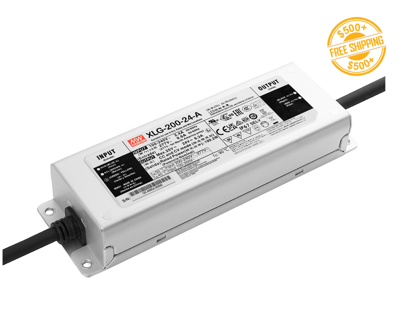 A Mean Well 200W 24VDC low voltage LED transformer and a label for free shipping on orders over $500.