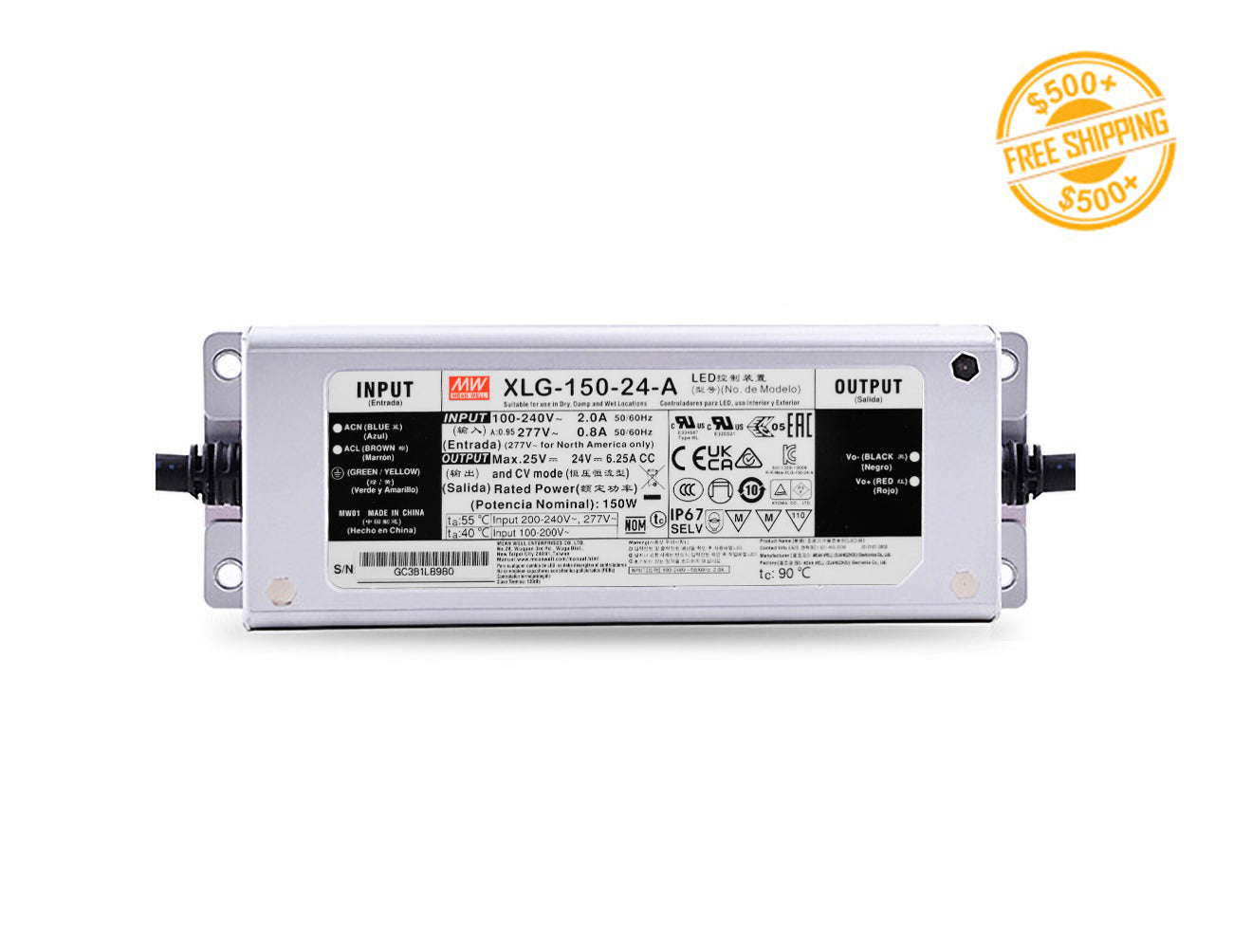 A Mean Well 150W 24VDC low voltage LED driver and a label for free shipping on orders over $500.