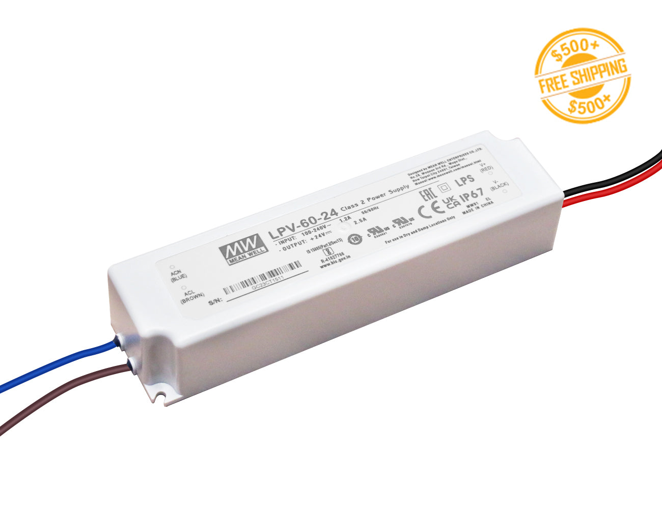 Mean Well 60W 24VDC low voltage transformer for LED strip lights and a label for free shipping on orders over $500.