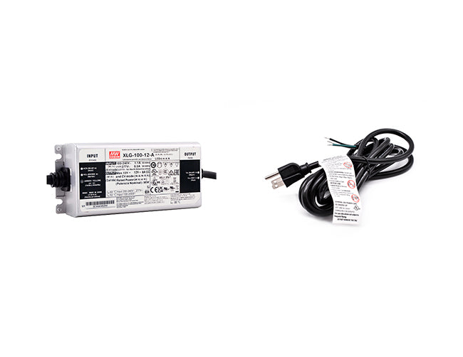 Mean Well 100W 12VDC LED driver with a three-prong power cord for line voltage.