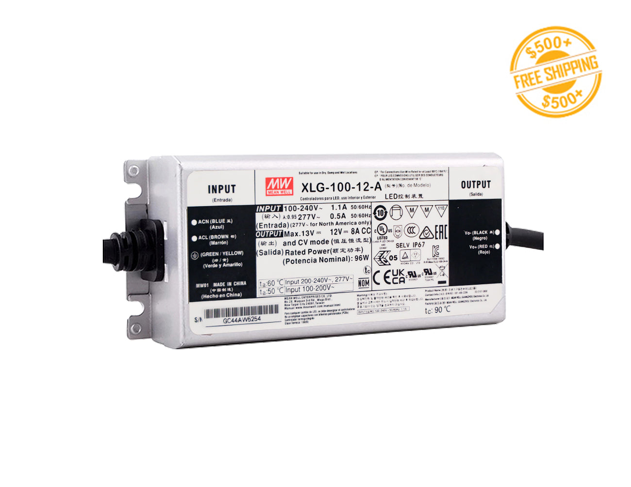 Mean Well 100W 12VDC low voltage driver with a label for free shipping on orders over $500.