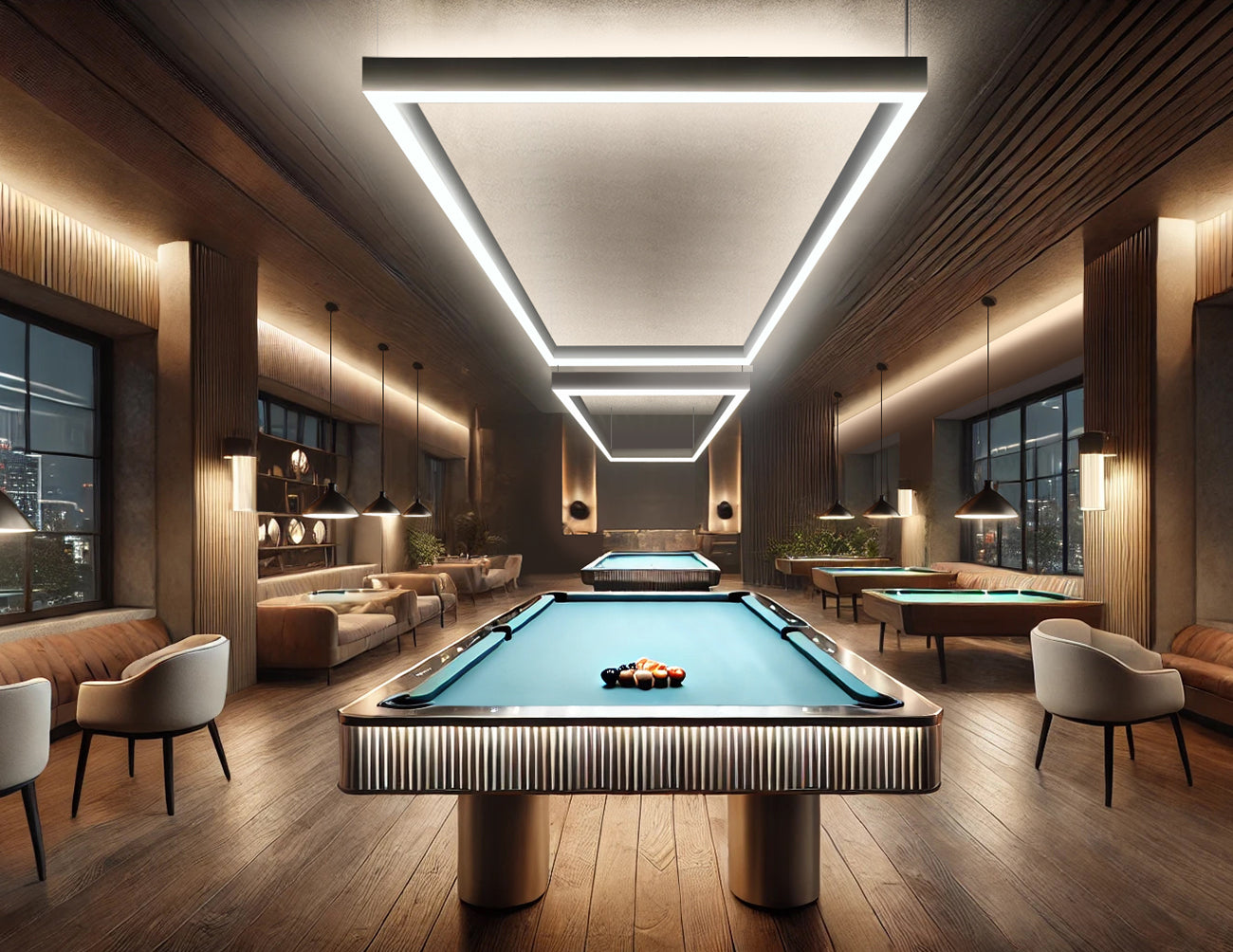 A modern billiards room featuring a pool table with a rectangular-shaped linear light fixture suspended above it. The light emits a soft, glowing illumination, enhancing the sleek and stylish atmosphere of the space. The dark background contrasts with the bright, modern lighting, creating a visually striking effect.