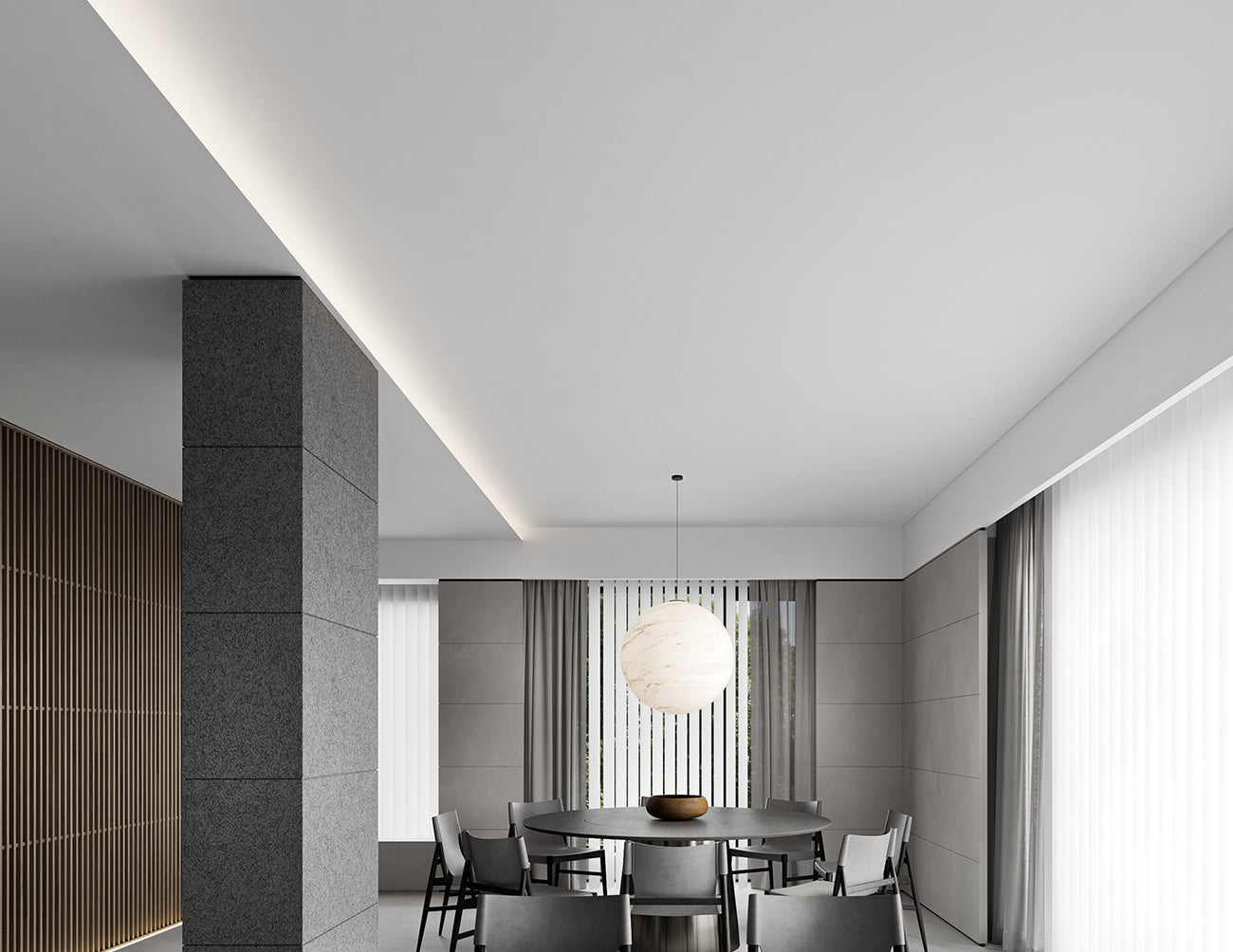 High-density COB strip embedded in the living room ceiling provides 4000K neutral white light, perfect for modern clean-style lighting.

