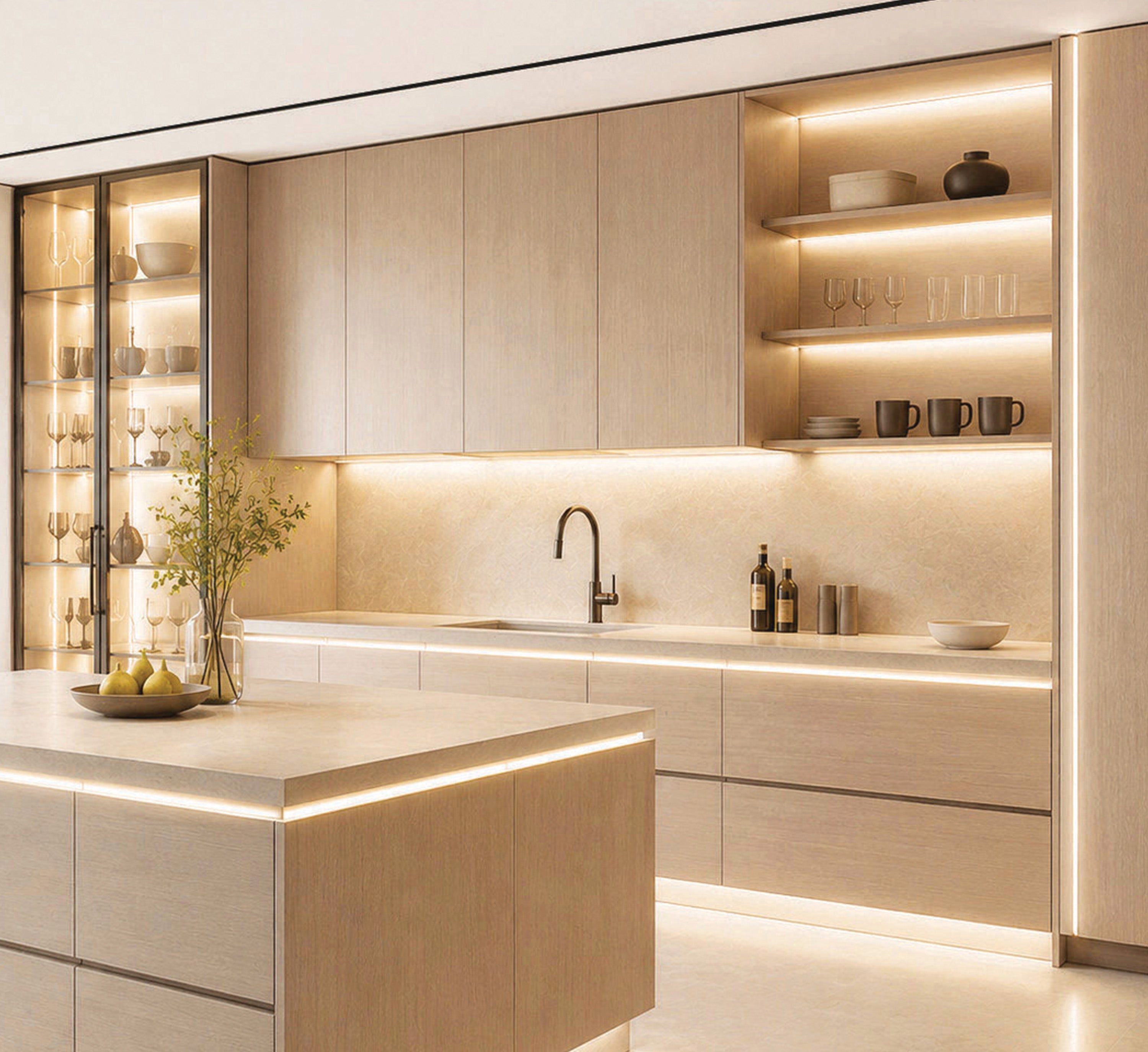 Architectural Undercabinet Lighting solution in a contemporary kitchen with hidden linear LED cabinet lighting, illuminated shelving, and layered ambient lighting design.
