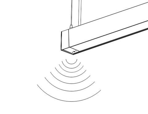 A diagram showing a motion sensor is installed at one end of GL LED L8070 linear light fixture.