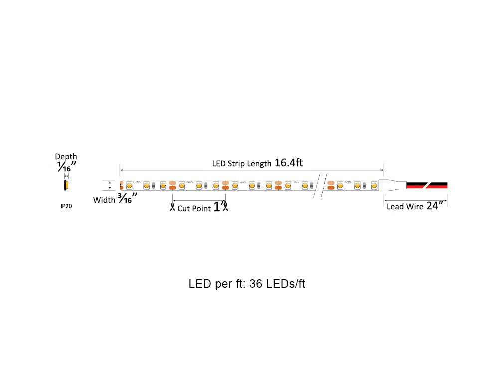 Dimensions for the NARROW Series 24VDC low voltage dimmable LED strip lights.