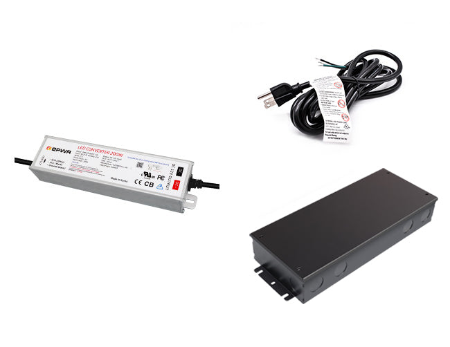 200W 12VDC LED power supply system with a black three-prong power cord and a black junction box.