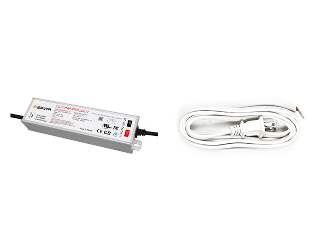 200W transformer with white two-prong power cord, ideal for powering LED strip light systems.