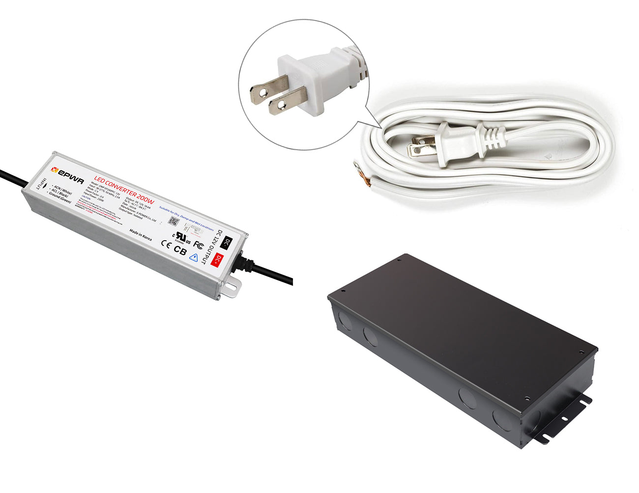 200W 12VDC LED power supply with a black junction box and a white two-prong power cord for line voltage.