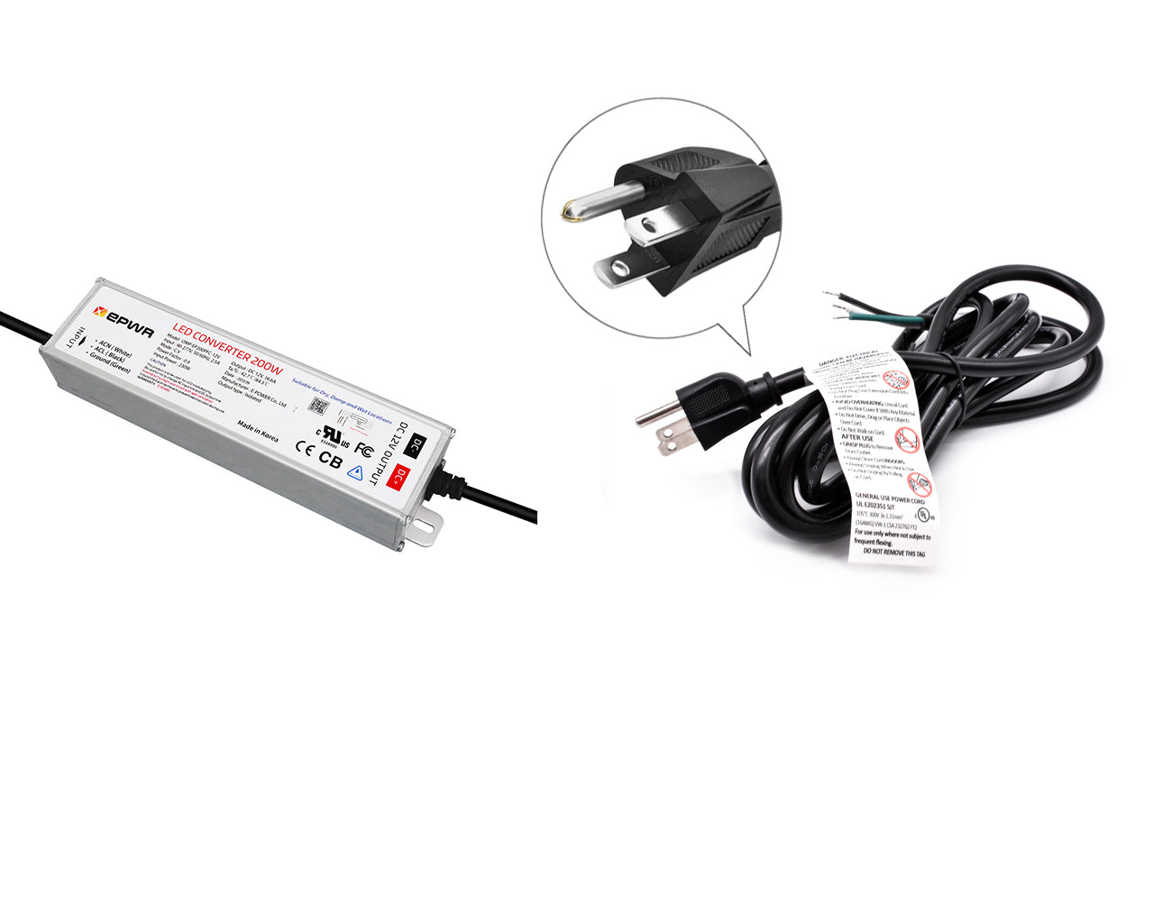 A 200W 12VDC LED power supply with a black three-prong power cord for line voltage.