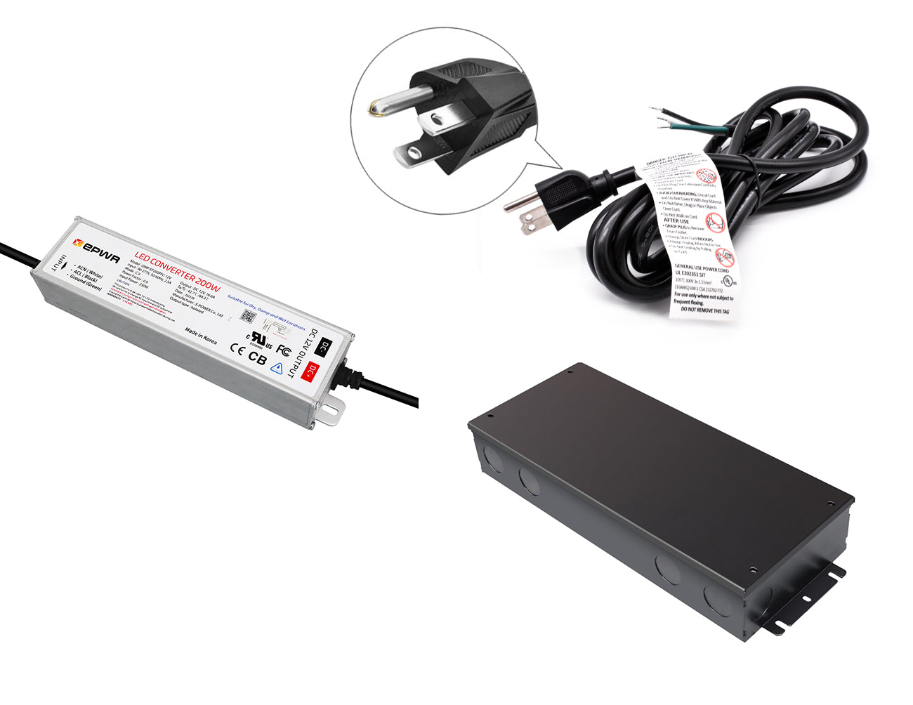 200W 12VDC LED power supply system with a black three-prong power cord and a black junction box.
