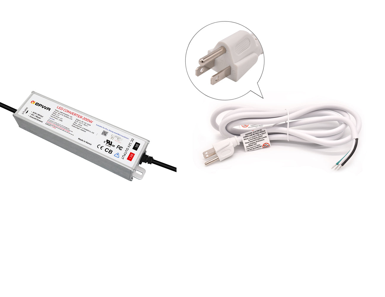 200W 12VDC LED driver shown with a white three-prong power cord for 120VAC.