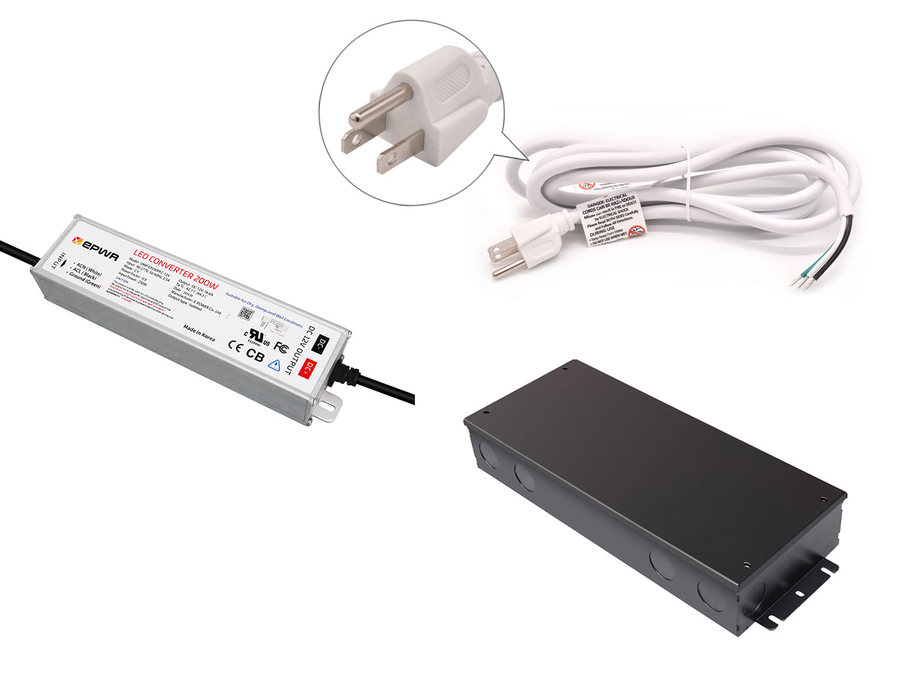 200W 12VDC LED power supply with a white three-prong power cord and a black junction box.