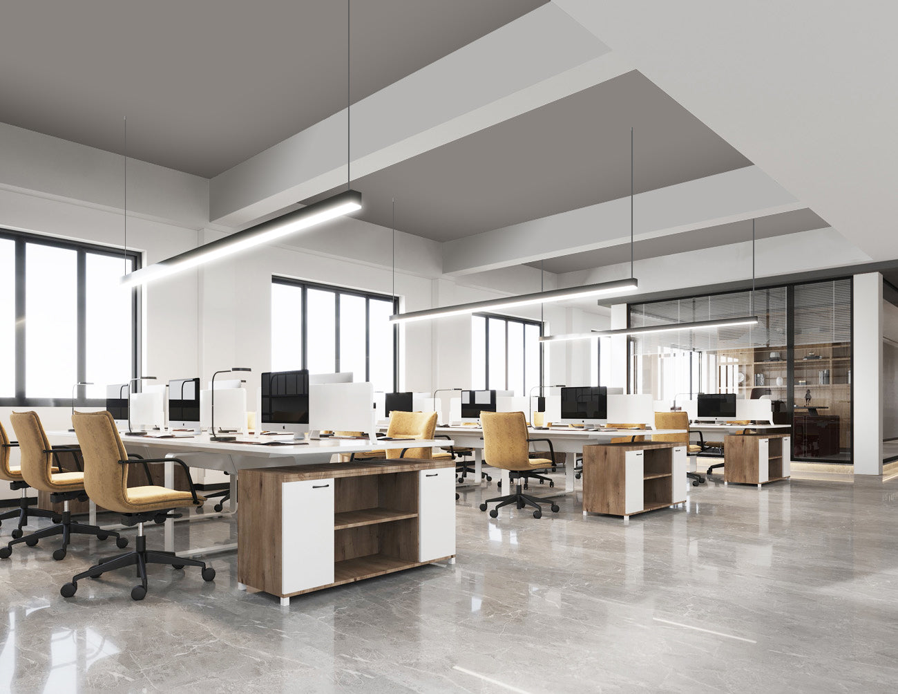 Suspended linear light fixtures formed by GL LED L8070 4ft linear light fixtures illuminate a large office area.