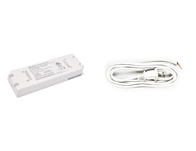 A 50W 24VDC dimmable LED power supply with a two-prong power cord for line voltage. An LED light adapter can be used with a power cord that plugs into line voltage as it converts the electricity for use with low voltage LED strip lights.