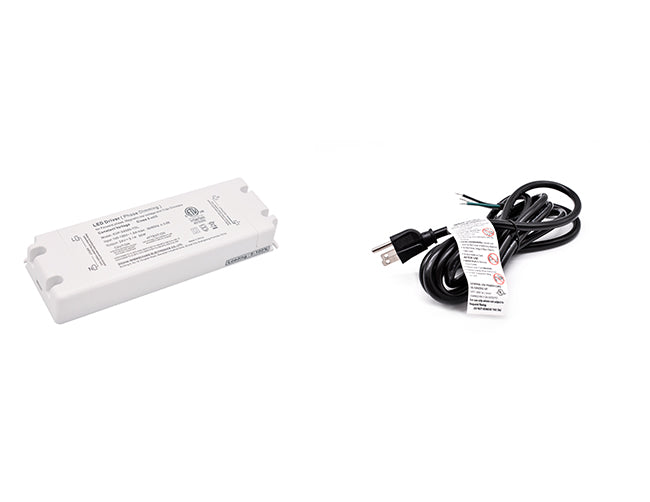 A 50W 24VDC dimmable LED power supply with a three-prong power cord for line voltage. An LED light adapter can be used with a power cord that plugs into line voltage as it converts the electricity for use with low voltage LED strip lights.