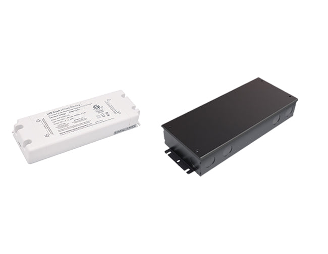 A 50W 24VDC dimmable LED power supply with a black junction box. A lighting design project that uses LED strip lights benefits greatly from an LED transformer that uses a junction box, especially in most residential or smaller commercial lighting applications.