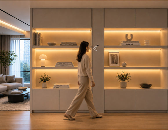 Wired Independent Control - PIR Sensor Switch integrated into a custom cabinet system, automatically detecting motion to activate connected lighting for hands-free architectural lighting control.