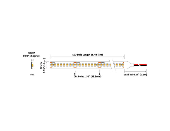 Dimensions for the wet rated IP 65 PRO Series 24VDC low voltage dimmable LED strip lights.