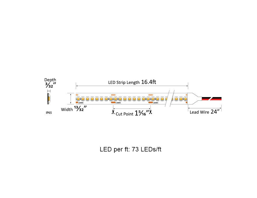 Dimensions for the wet rated IP 65 PRO Series 24VDC low voltage dimmable LED strip lights.