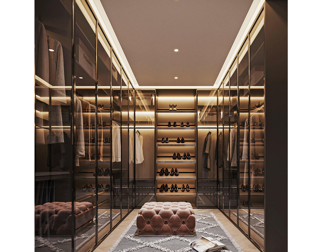 A bedroom walk-in closet is decorated with LED strip lights that are powered by a dimmable low voltage transformer.