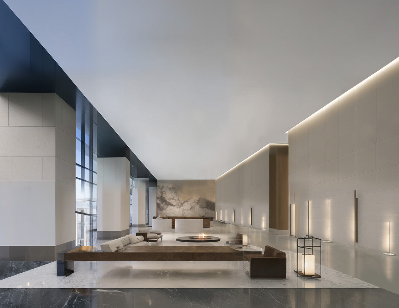Dimmable 120V PRO-S LED strip with 4000K neutral white light, installed on the ceiling of a company reception lounge.