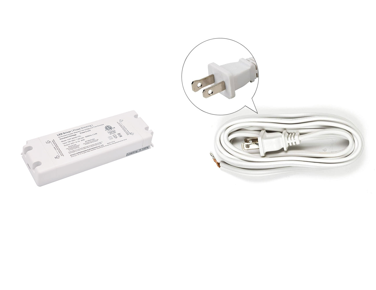 A 50W 24VDC dimmable LED power supply with a two-prong power cord for line voltage. An LED light adapter can be used with a power cord that plugs into line voltage as it converts the electricity for use with low voltage LED strip lights.