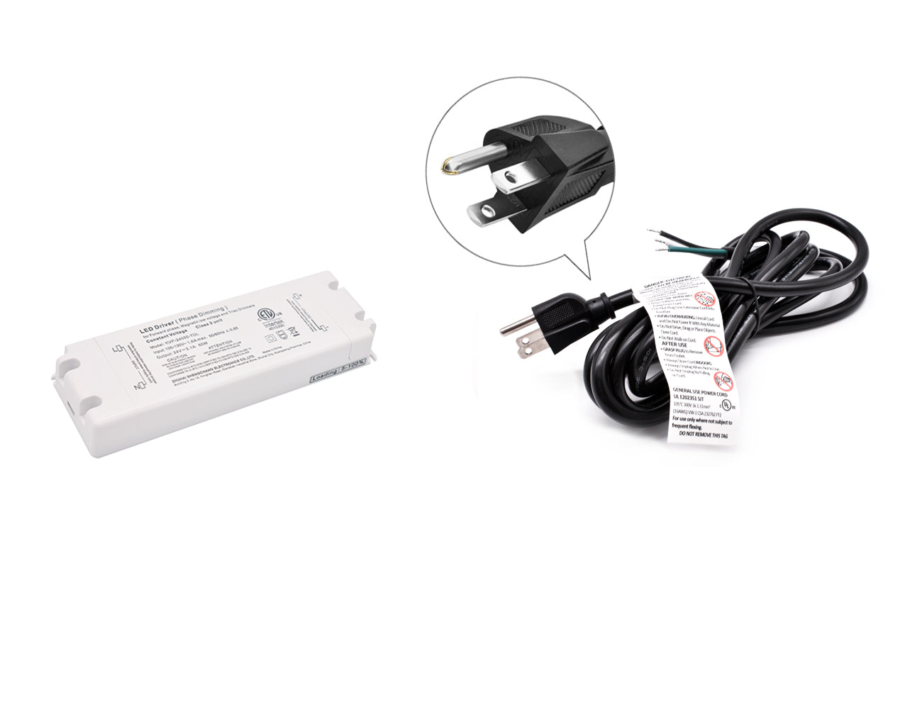 A 50W 24VDC dimmable LED power supply with a three-prong power cord for line voltage. An LED light adapter can be used with a power cord that plugs into line voltage as it converts the electricity for use with low voltage LED strip lights.