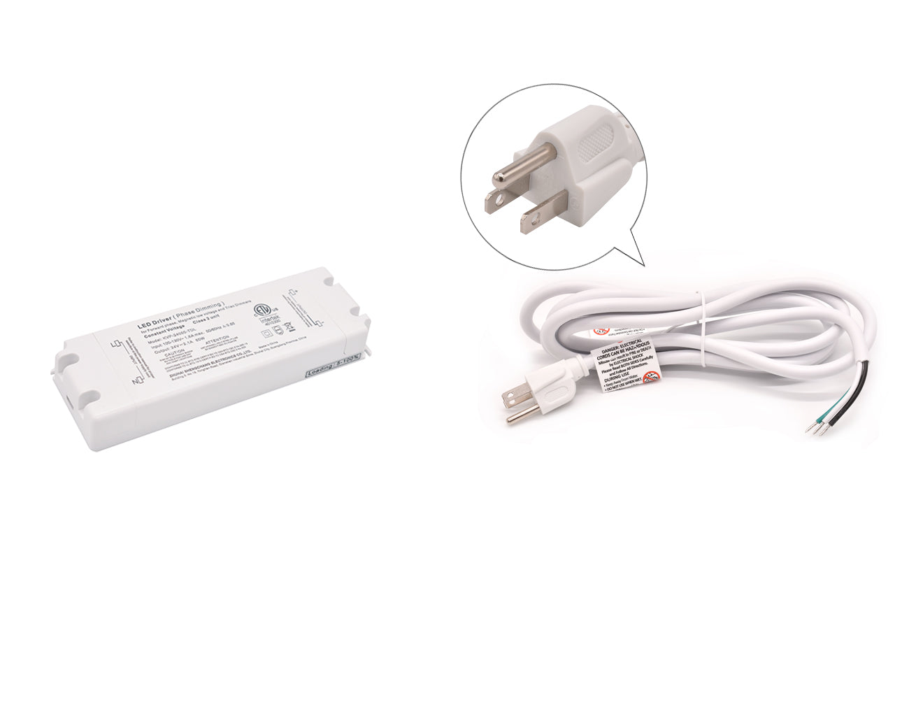 A 50W 24VDC dimmable LED power supply with a three-prong power cord for line voltage. An LED light adapter can be used with a power cord that plugs into line voltage as it converts the electricity for use with low voltage LED strip lights.
