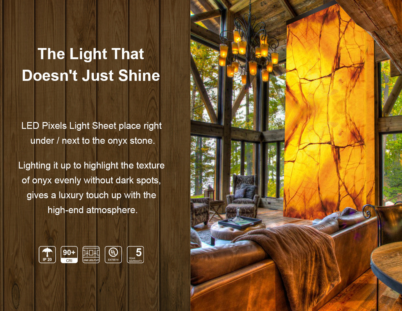 LED pixels light sheets are installed to backlight a large natural stone to show striking internal textures.