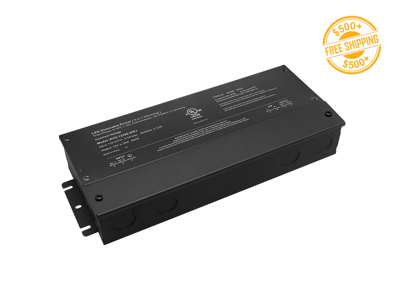 G Series 300W 12VDC low voltage dimmable LED power supply and yellow label for free shipping on orders over $500.