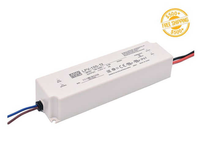 Top view of LED Driver LPV-60W-12V; a label of free shipping for orders over $500 is shown as well.