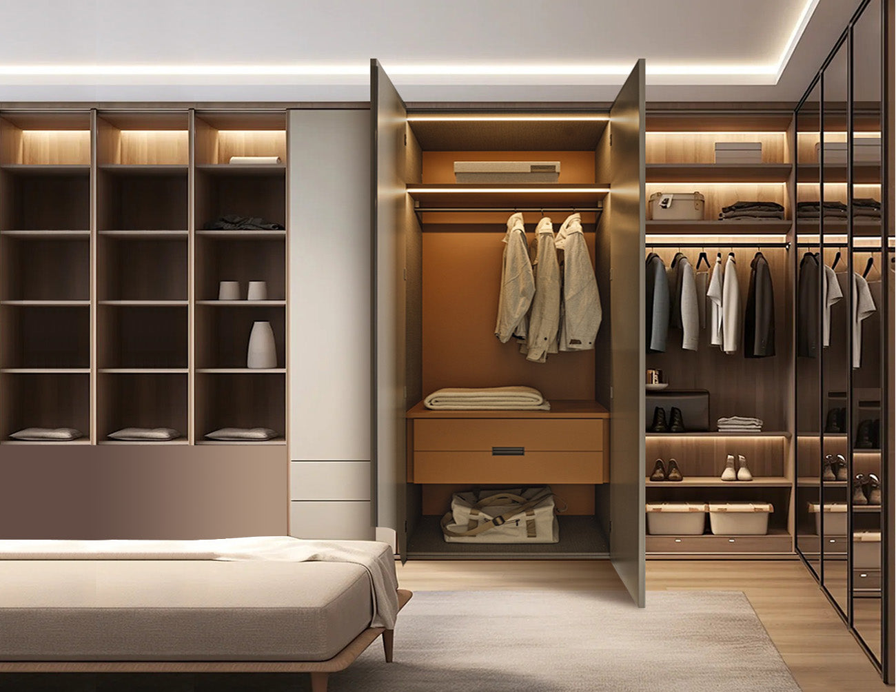 Installed in open wardrobes, the LED RF Wireless Wave Sensor Dimmer combines wireless convenience with stepless dimming. Its intuitive hand-wave control makes it easy to create customized lighting for shelves and hanging areas.