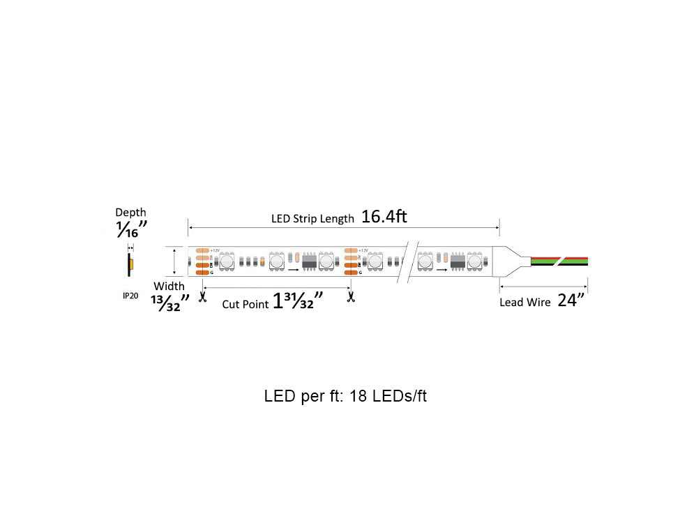 Dimensions for the RGB SPI LED Strip Light Series 24VDC low voltage lights.