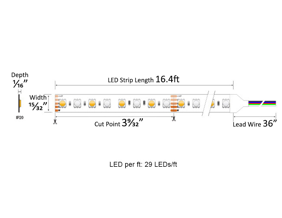 Dimensions for the RGBW Color Changing LED Strip Light Series 24VDC low voltage dimmable lights.