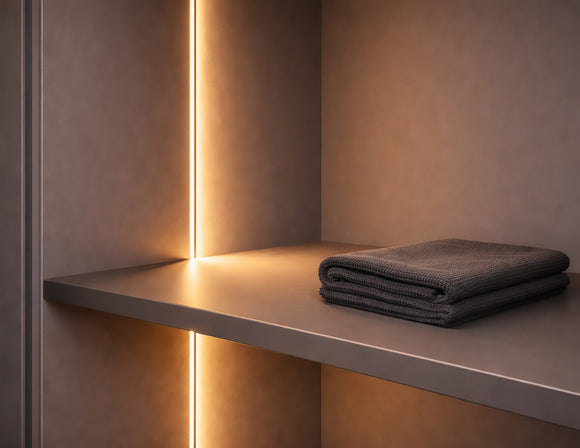 Recessed aluminum undercabinet LED strip light integrated into cabinet shelf, creating warm 3000K vertical architectural lighting effect for closet and display applications.