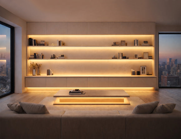 Recessed undercabinet LED strip lighting integrated into floating shelf display wall, providing uniform 3000K warm white linear illumination for residential and commercial architectural projects