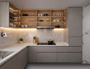 Recessed undercabinet LED strip lighting integrated beneath modern L-shaped kitchen cabinets, providing uniform 3000K warm white linear task illumination for residential architectural projects