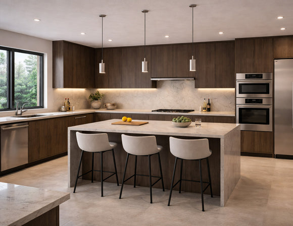 Recessed undercabinet LED strip lighting installed beneath modern kitchen cabinets, providing uniform 3000K warm white linear task illumination for residential architectural lighting projects