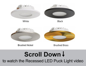 24V Recessed LED Puck Light with Interchangeable White, Black, Brushed Nickel and Brushed Brass Trim Options