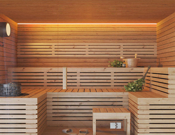A sauna is decorated with IP67 wet rated LED strip lights that are powered by a dimmable low voltage transformer.