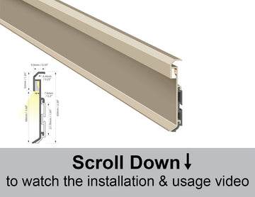SHALLOW SKIRT beige aluminum LED channel with milky diffuser installed on living room baseboard