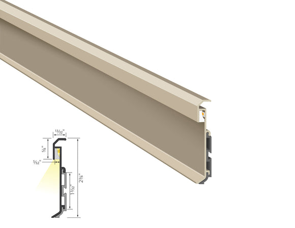 SHALLOW SKIRT beige aluminum LED channel with milky diffuser installed on living room baseboard